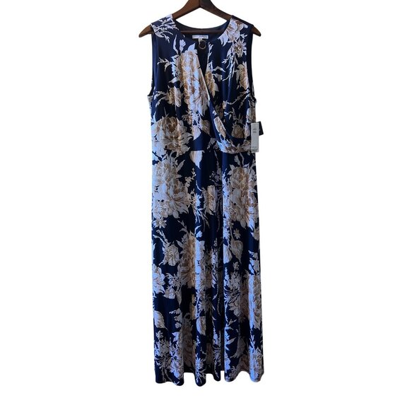 Studio One New York Navy Blue Floral Maxi Dress Sleeveless Keyhole Accent - Picture 5 of 10